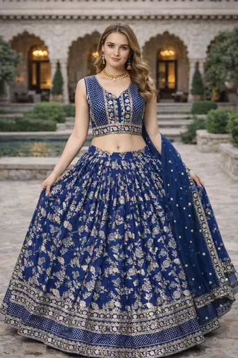 BLUE DOLA SILK SEQUINS & ZARI EMBROIDERED LEHENGA SET WITH CHOLI AND DUPATTA