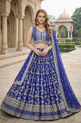 ROYAL BLUE DOLA SILK SEQUINS & ZARI EMBROIDERED LEHENGA SET WITH CHOLI AND DUPATTA