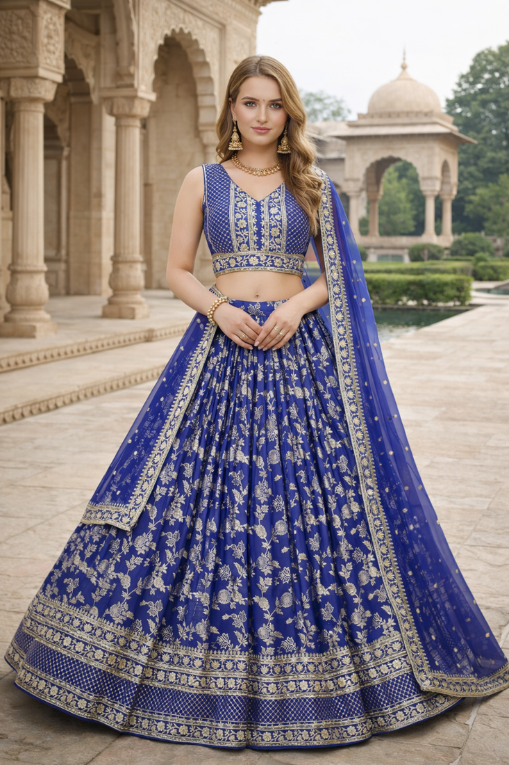 ROYAL BLUE DOLA SILK SEQUINS & ZARI EMBROIDERED LEHENGA SET WITH CHOLI AND DUPATTA
