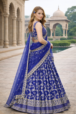 ROYAL BLUE DOLA SILK SEQUINS & ZARI EMBROIDERED LEHENGA SET WITH CHOLI AND DUPATTA 2