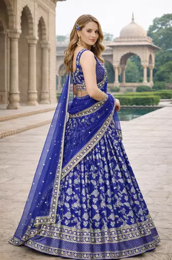 ROYAL BLUE DOLA SILK SEQUINS & ZARI EMBROIDERED LEHENGA SET WITH CHOLI AND DUPATTA