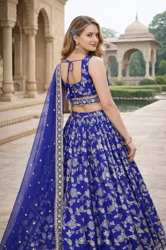 ROYAL BLUE DOLA SILK SEQUINS & ZARI EMBROIDERED LEHENGA SET WITH CHOLI AND DUPATTA