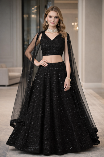 BLACK GEORGETTE SEQUINS & THREAD EMBROIDERED LEHENGA SET WITH CHOLI AND DUPATTA