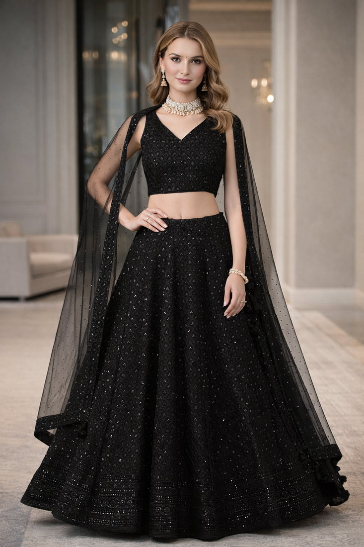 BLACK GEORGETTE SEQUINS & THREAD EMBROIDERED LEHENGA SET WITH CHOLI AND DUPATTA