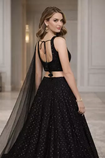 BLACK GEORGETTE SEQUINS & THREAD EMBROIDERED LEHENGA SET WITH CHOLI AND DUPATTA