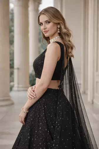BLACK GEORGETTE SEQUINS & THREAD EMBROIDERED LEHENGA SET WITH CHOLI AND DUPATTA