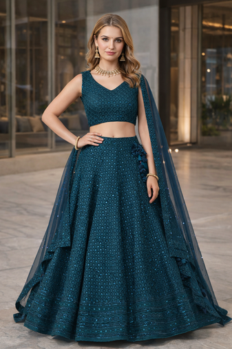 BLUE GEORGETTE SEQUINS & THREAD EMBROIDERED LEHENGA SET WITH CHOLI AND DUPATTA