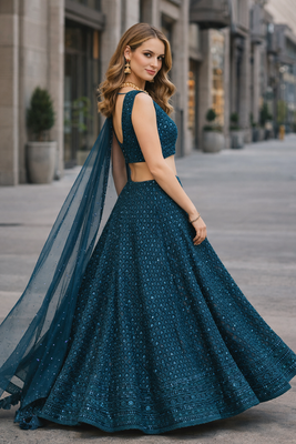 BLUE GEORGETTE SEQUINS & THREAD EMBROIDERED LEHENGA SET WITH CHOLI AND DUPATTA 1