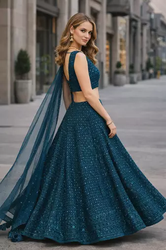 BLUE GEORGETTE SEQUINS & THREAD EMBROIDERED LEHENGA SET WITH CHOLI AND DUPATTA