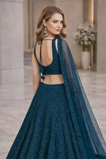 BLUE GEORGETTE SEQUINS & THREAD EMBROIDERED LEHENGA SET WITH CHOLI AND DUPATTA