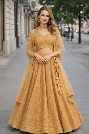 BEIGE GEORGETTE SEQUINS & THREAD EMBROIDERED LEHENGA SET WITH CHOLI AND DUPATTA