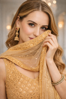 BEIGE GEORGETTE SEQUINS & THREAD EMBROIDERED LEHENGA SET WITH CHOLI AND DUPATTA 4