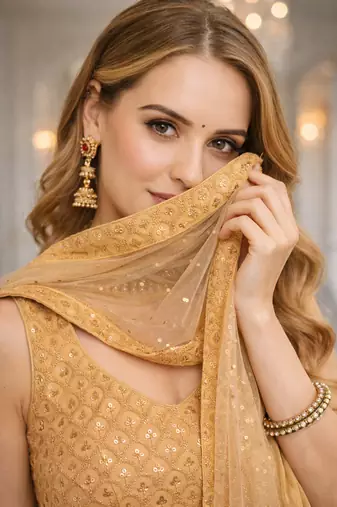 BEIGE GEORGETTE SEQUINS & THREAD EMBROIDERED LEHENGA SET WITH CHOLI AND DUPATTA