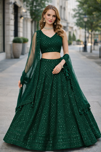 GREEN GEORGETTE SEQUINS & THREAD EMBROIDERED LEHENGA SET WITH CHOLI AND DUPATTA