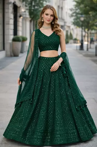 GREEN GEORGETTE SEQUINS & THREAD EMBROIDERED LEHENGA SET WITH CHOLI AND DUPATTA