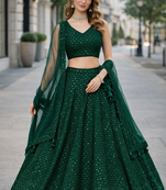 GREEN GEORGETTE SEQUINS & THREAD EMBROIDERED LEHENGA SET WITH CHOLI AND DUPATTA