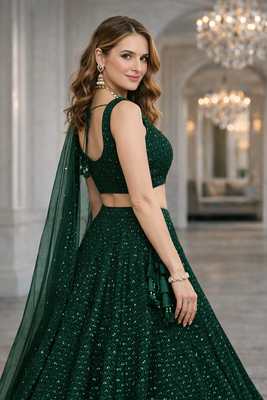 GREEN GEORGETTE SEQUINS & THREAD EMBROIDERED LEHENGA SET WITH CHOLI AND DUPATTA 3