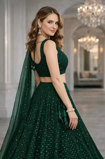 GREEN GEORGETTE SEQUINS & THREAD EMBROIDERED LEHENGA SET WITH CHOLI AND DUPATTA