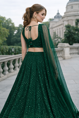 GREEN GEORGETTE SEQUINS & THREAD EMBROIDERED LEHENGA SET WITH CHOLI AND DUPATTA 4