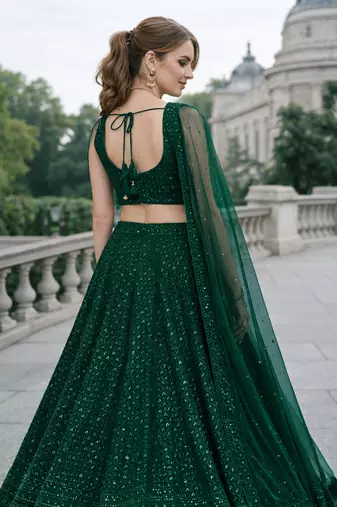 GREEN GEORGETTE SEQUINS & THREAD EMBROIDERED LEHENGA SET WITH CHOLI AND DUPATTA