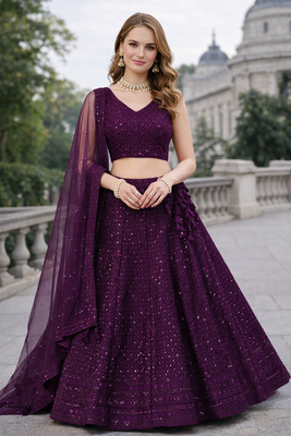 WINE GEORGETTE SEQUINS & THREAD EMBROIDERED LEHENGA SET WITH CHOLI AND DUPATTA 2