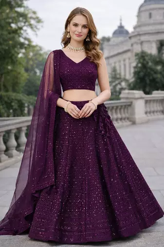 WINE GEORGETTE SEQUINS & THREAD EMBROIDERED LEHENGA SET WITH CHOLI AND DUPATTA