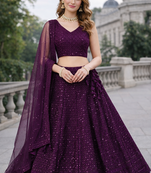 WINE GEORGETTE SEQUINS & THREAD EMBROIDERED LEHENGA SET WITH CHOLI AND DUPATTA