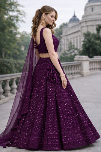 WINE GEORGETTE SEQUINS & THREAD EMBROIDERED LEHENGA SET WITH CHOLI AND DUPATTA