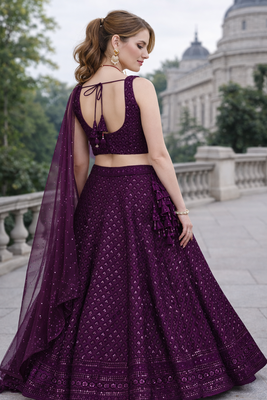 WINE GEORGETTE SEQUINS & THREAD EMBROIDERED LEHENGA SET WITH CHOLI AND DUPATTA 4