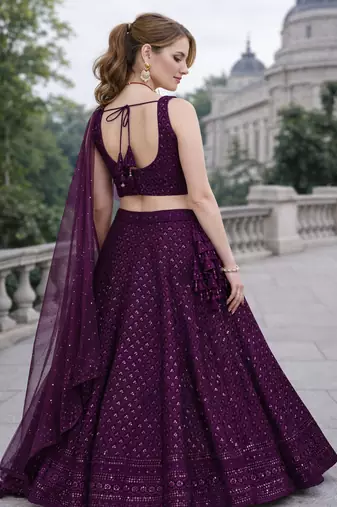 WINE GEORGETTE SEQUINS & THREAD EMBROIDERED LEHENGA SET WITH CHOLI AND DUPATTA