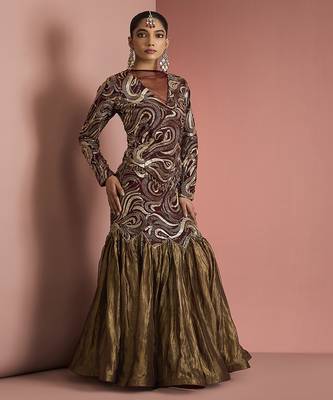 dark brown pure tissue fish cut skirt and top 5