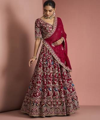 maroon silk hand embroidered lehenga set with blouse and dupatta 5