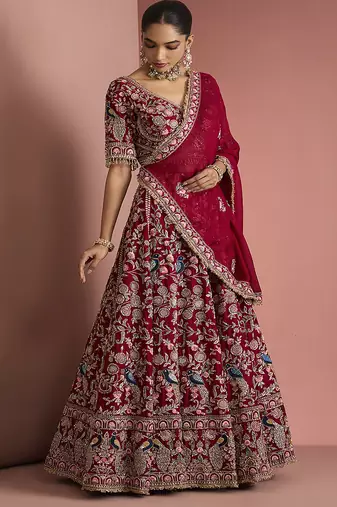 maroon silk hand embroidered lehenga set with blouse and dupatta