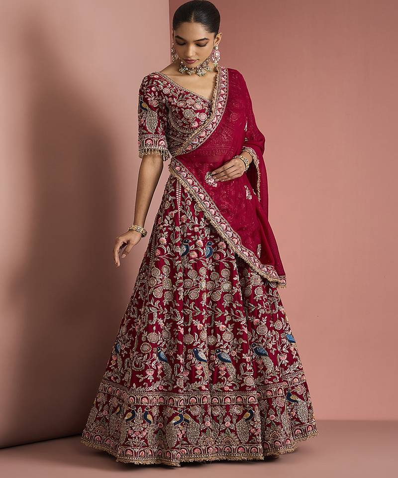 maroon silk hand embroidered lehenga set with blouse and dupatta