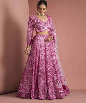pink net cutdana work lehenga set with blouse and dupatta 5