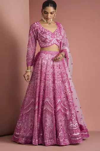 pink net cutdana work lehenga set with blouse and dupatta