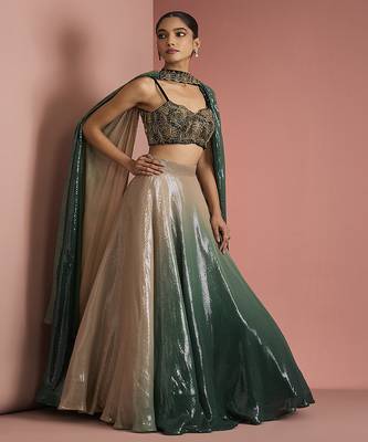 dark green sequins sheeting ombre lehenga set with blouse and dupatta 5