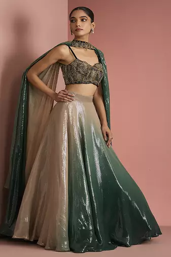 dark green sequins sheeting ombre lehenga set with blouse and dupatta