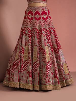 bridal red silk lehenga set with choli and 2 dupattas 5
