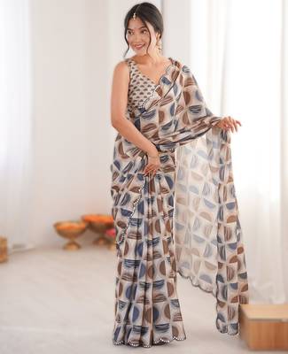 chiku chinon printed saree with mirror work border 1