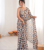 chiku heavy chinon printed saree with mirror work border