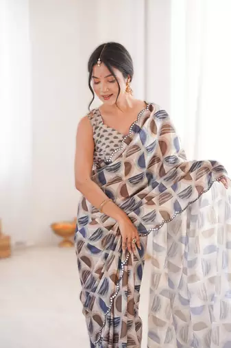 chiku chinon printed saree with mirror work border