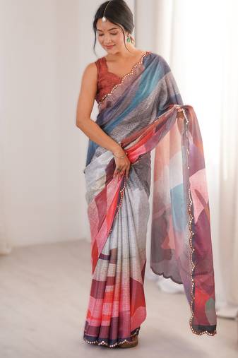 multicolor  heavy chinon printed saree with mirror work border