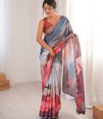 multicolor  heavy chinon printed saree with mirror work border