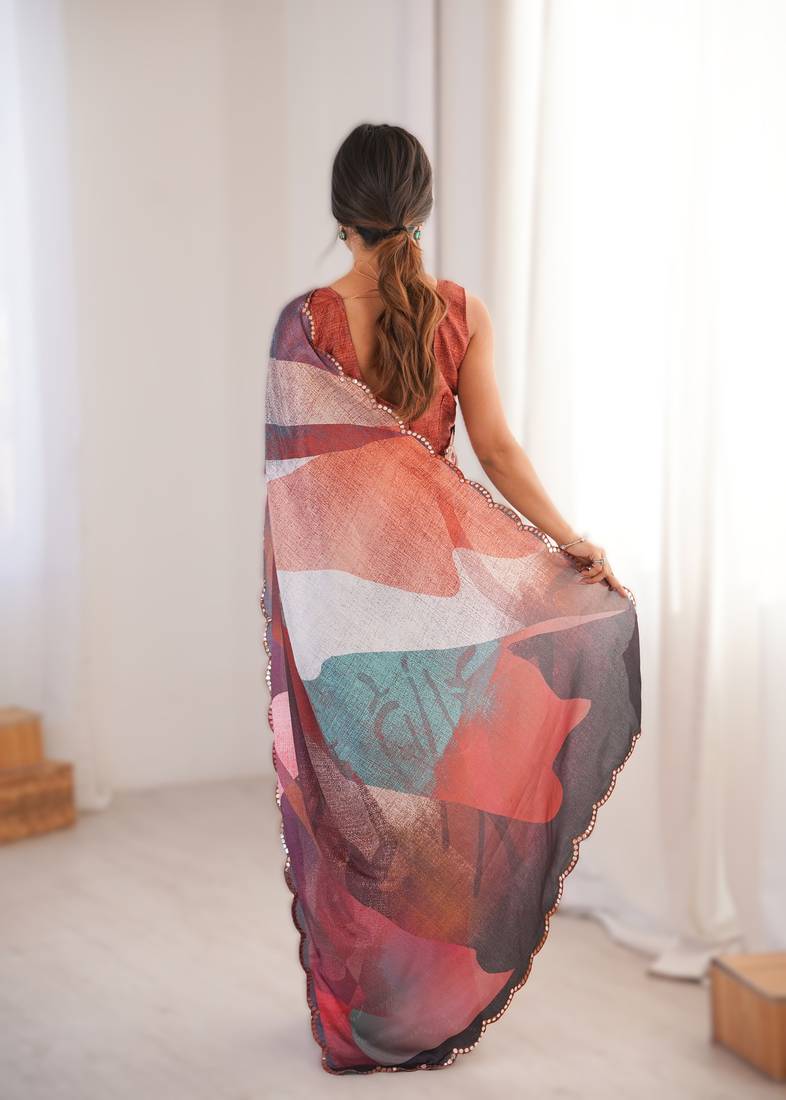 multicolor  heavy chinon printed saree with mirror work border