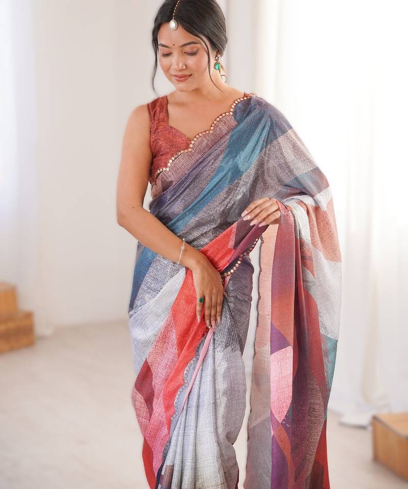 multicolor  heavy chinon printed saree with mirror work border