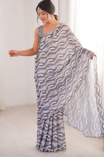 grey  heavy chinon printed saree with mirror work border