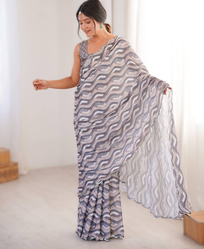 grey  heavy chinon printed saree with mirror work border