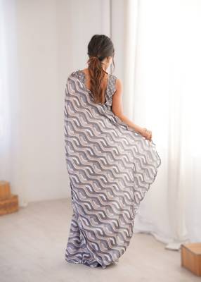 grey chinon printed saree with mirror work border 2