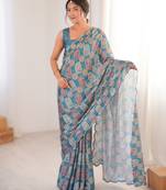 blue heavy chinon printed saree with mirror work border